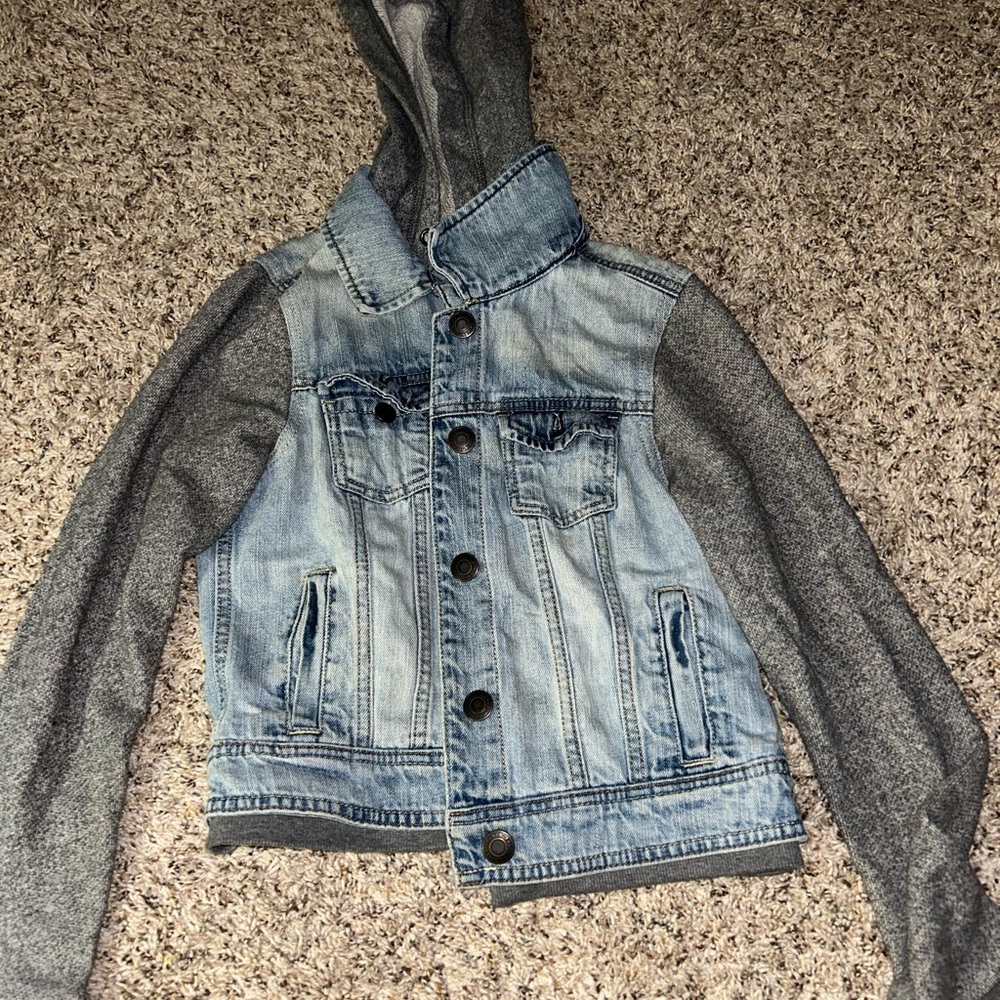 American Eagle Outfitters Blue Denim Jacket with Gray Sleeves